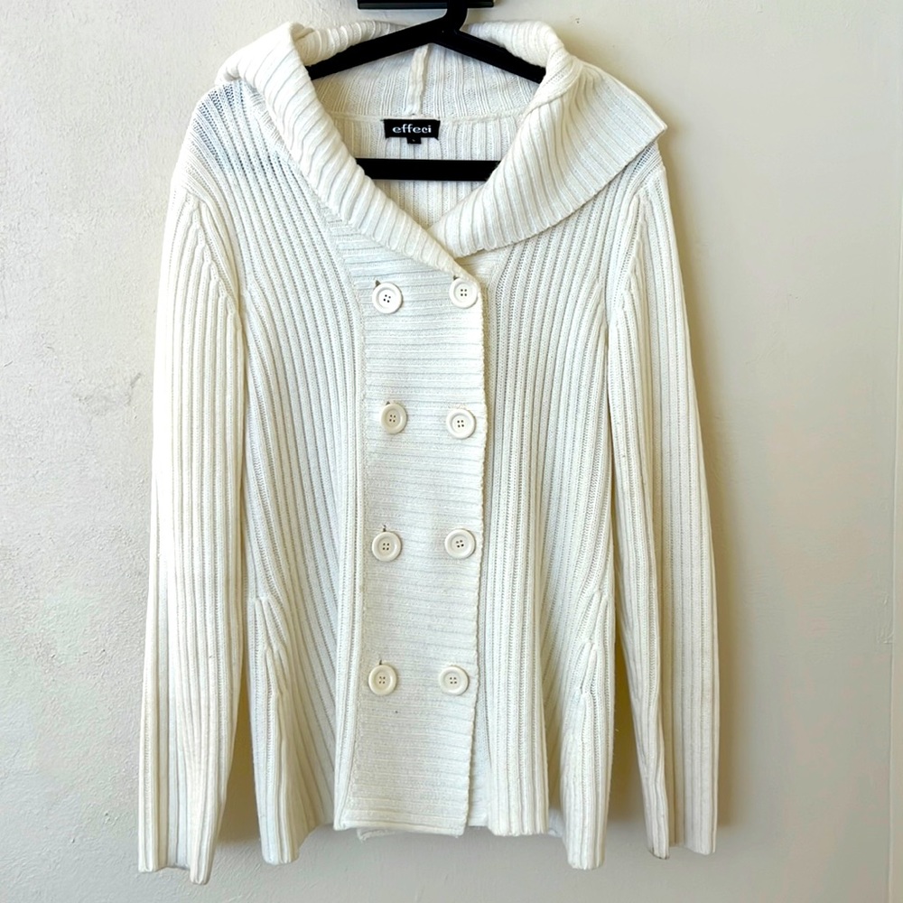 Cream colored double button sweater with hoodie